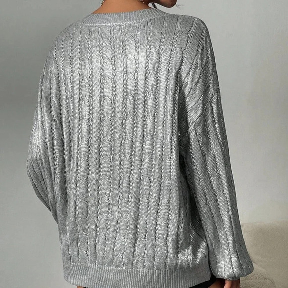 Silver Casual Women's Hot-Stamped V-Neck Long Sleeve Sweater - Picture 3 of 8